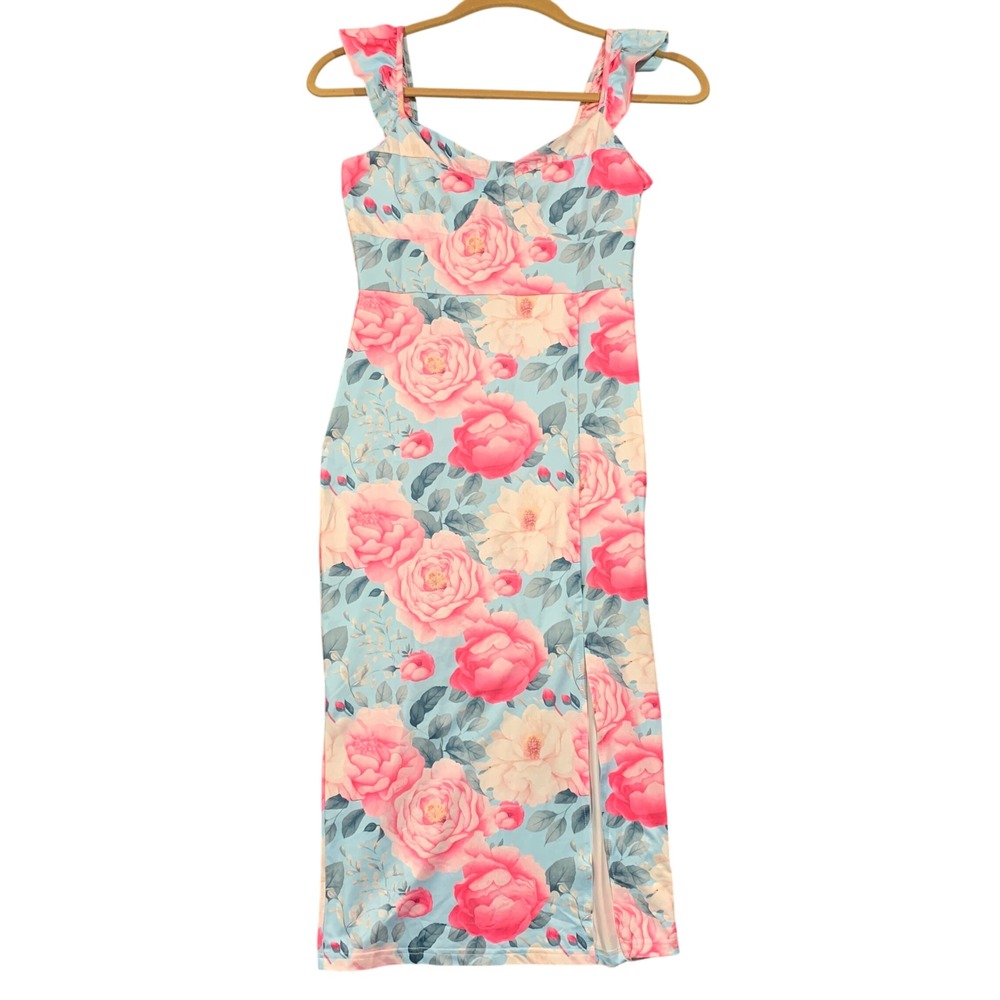 Rose Print Ruffle Strap Bodycon Midi Slip Dress Blue Pink Wedding Guest Large